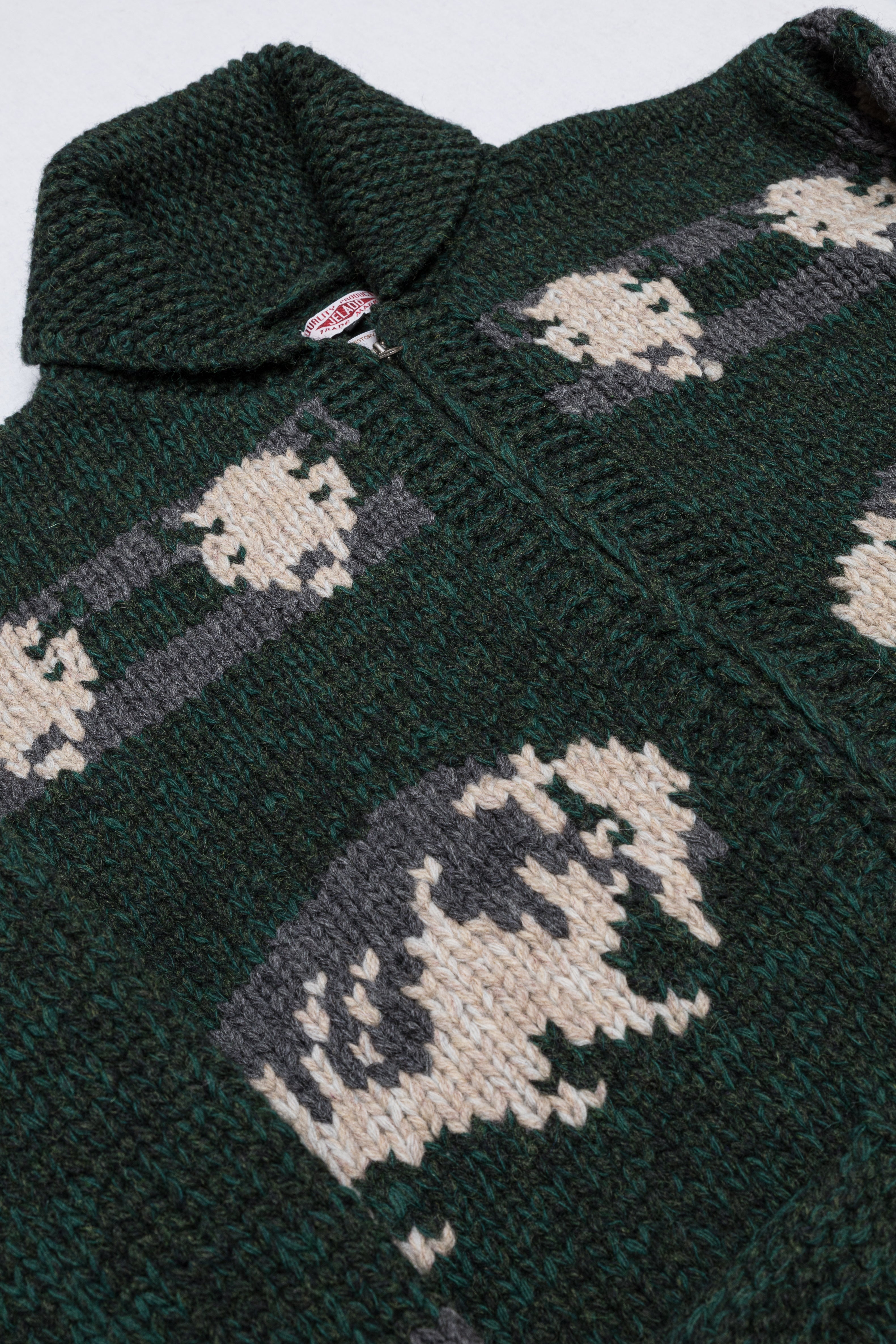 Handknitted Cowichan Cardigan in Forest Green Wool (JP83814)