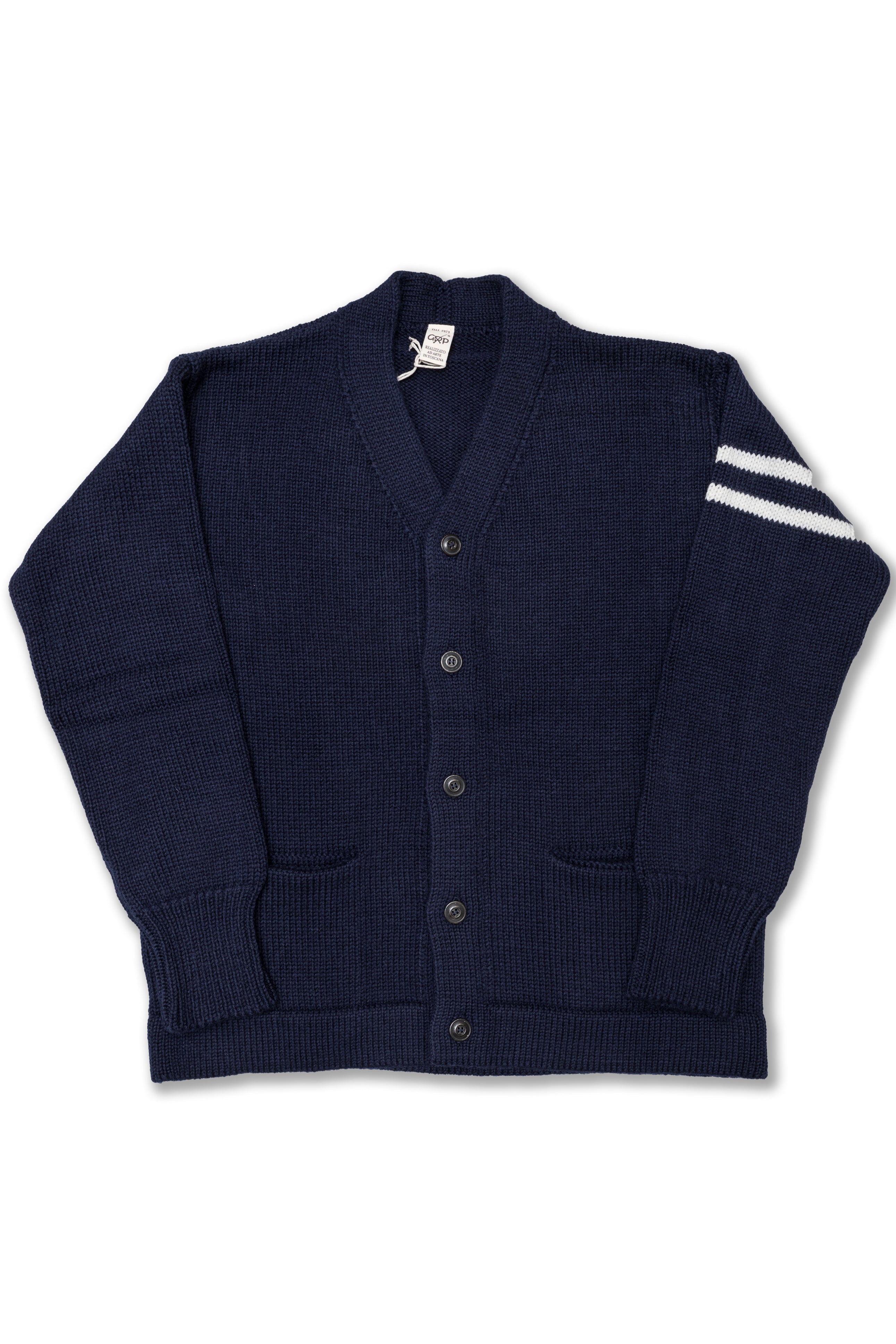 College Cardigan in Blue/Ecru Merino Wool