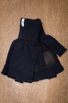 Fingerless Wool Gloves in Navy Melange w/ Black Deerskin Palm