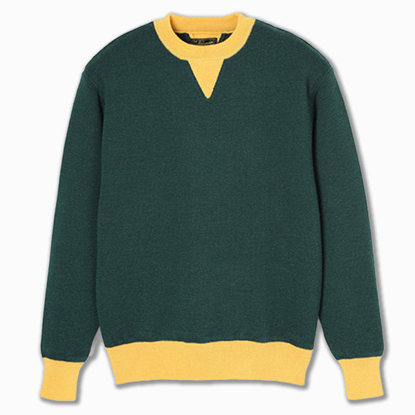 Two-Tone V Gusset Sweater in Green and Yellow Wool