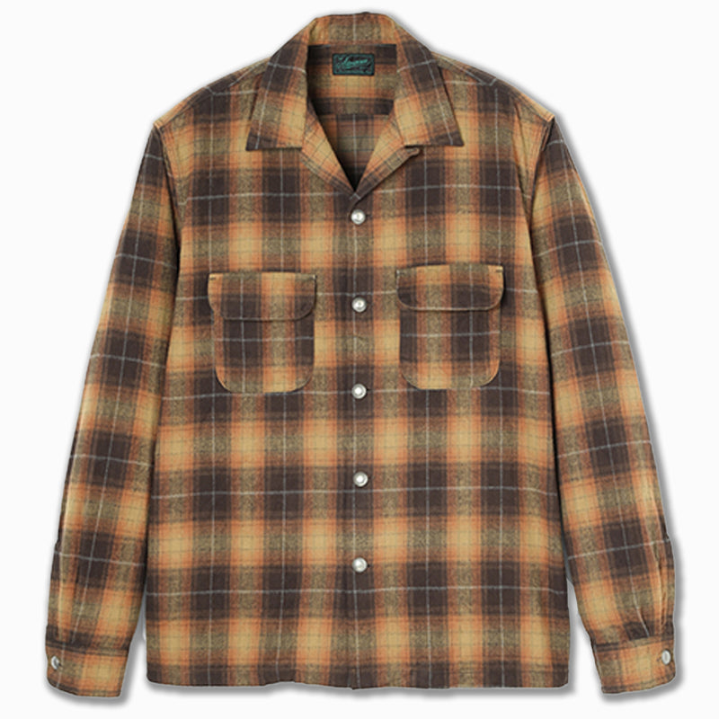 Highroller Open Collar Ombré Plaid Shirt in Mustard/Brown Cotton