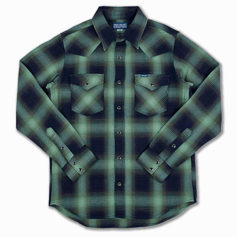 Western Shirt in 9oz Selvedge Ombré Green Check (IHSH-348-GRN)