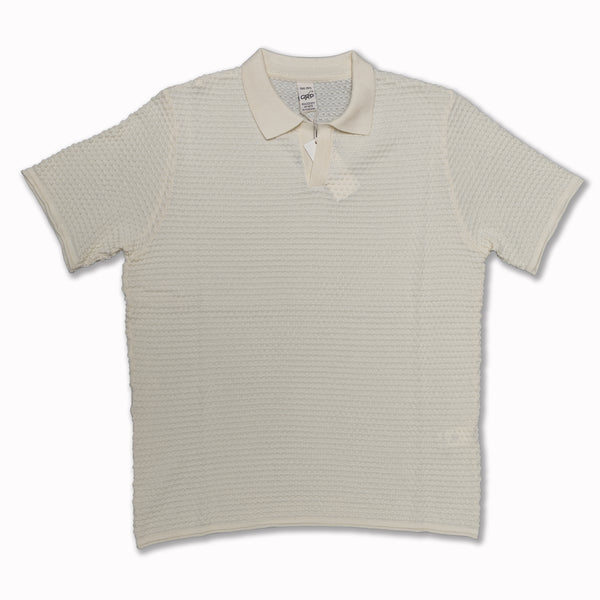 Short Sleeves Spot Knit Neo Polo in Ecru Cotton Crepe