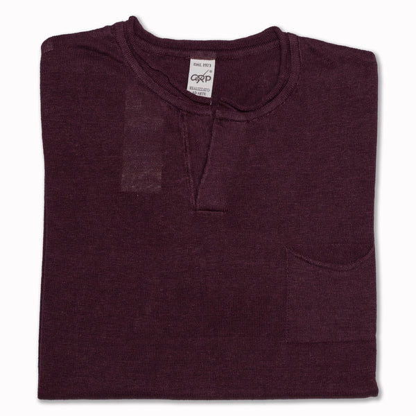 Short Sleeves Neo Henley with Pocket in Bordeaux Linen