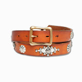 Hand Dyed Narrow Belt in Brown Vegetable Tanned Cowhide with Studs and Silver Conchos