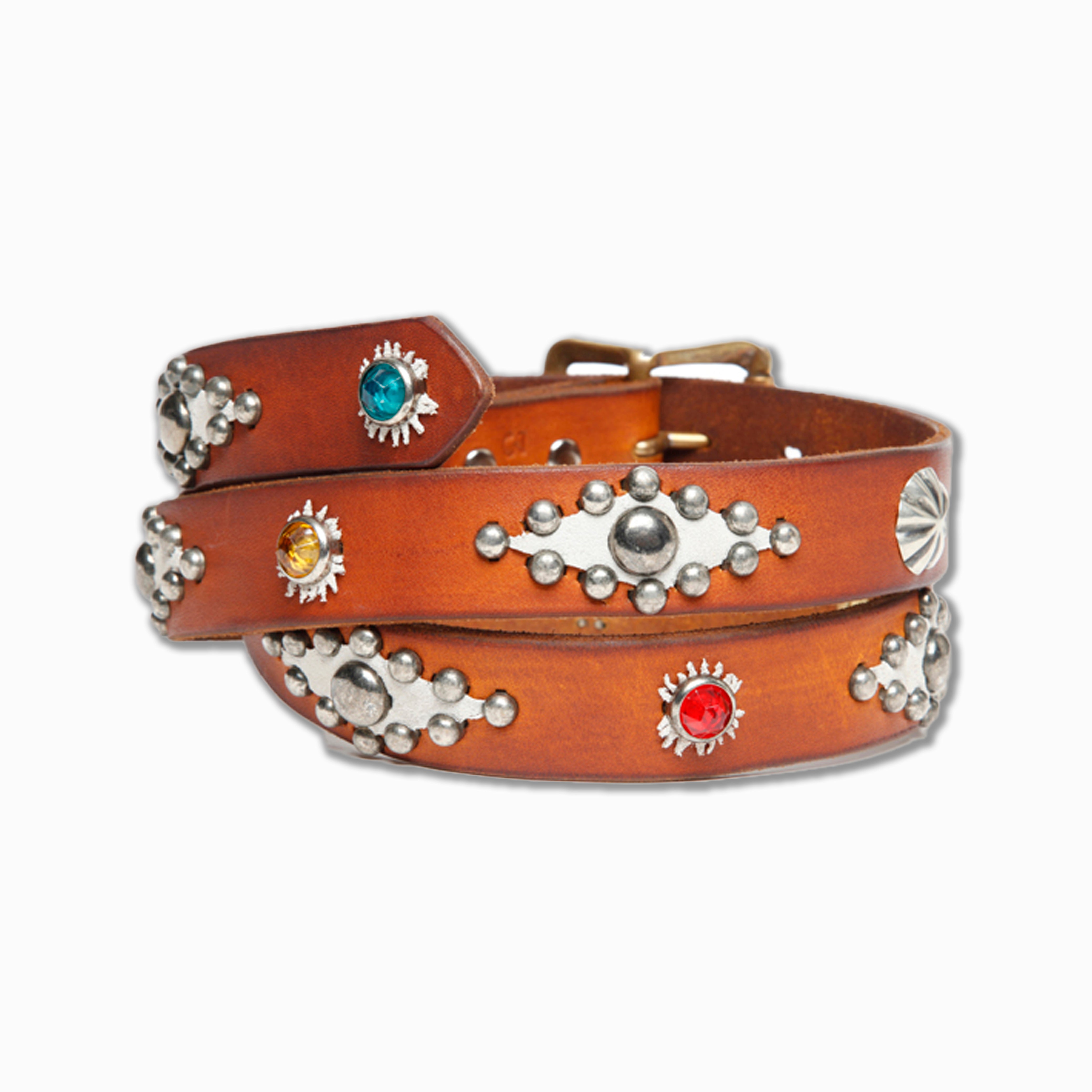 Hand Dyed Narrow Belt in Brown Vegetable Tanned Cowhide with Studs and  Silver Conchos