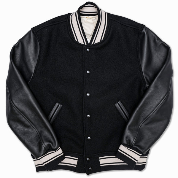 Oxford College Bomber Varsity Jacket in Black Wool and Horsehide Sleeves